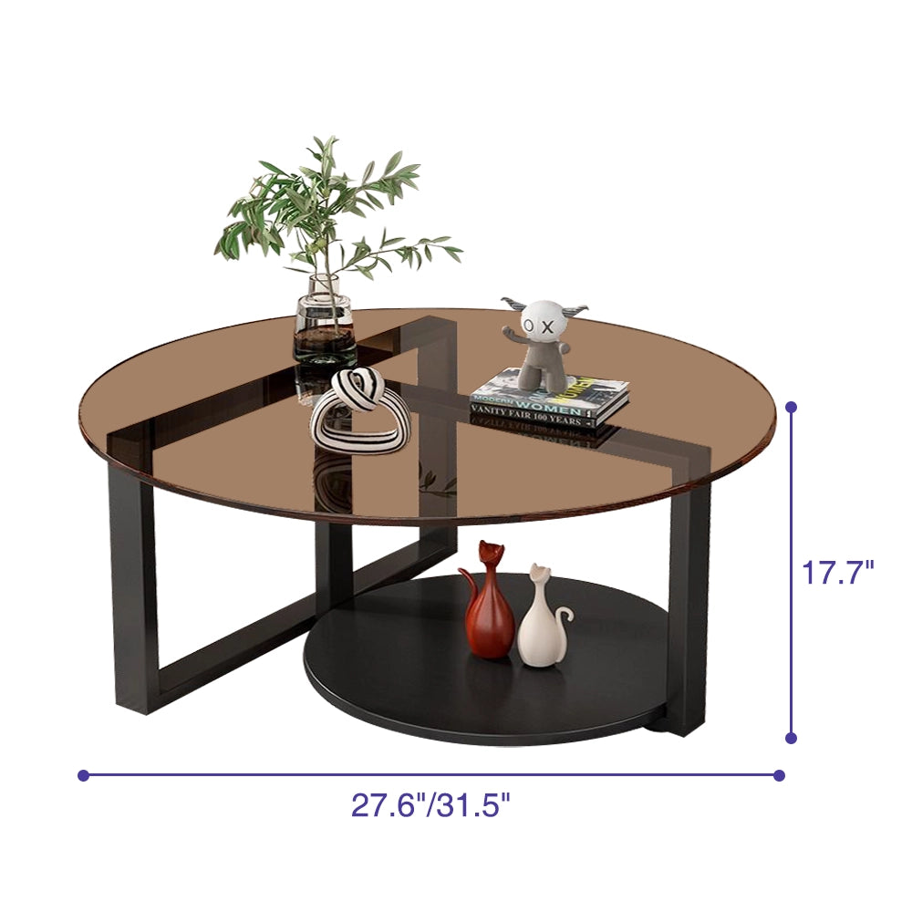 Chic Round Glass Coffee Table with Black Metal Base