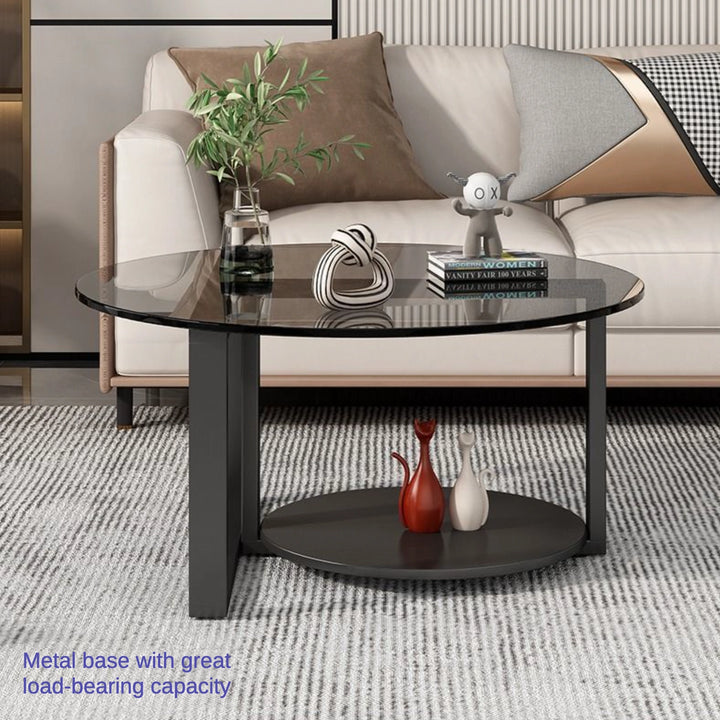 Chic Round Glass Coffee Table with Black Metal Base