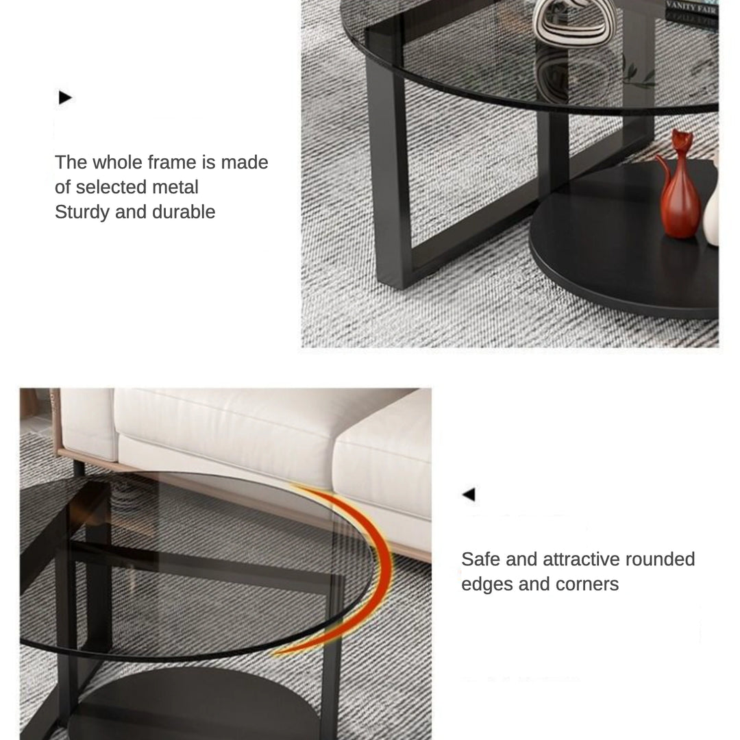 Chic Round Glass Coffee Table with Black Metal Base