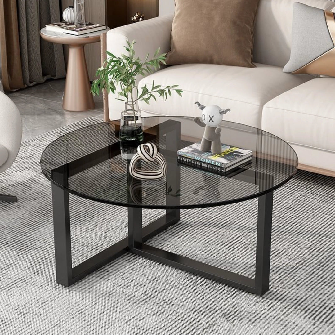 Chic Round Glass Coffee Table with Black Metal Base