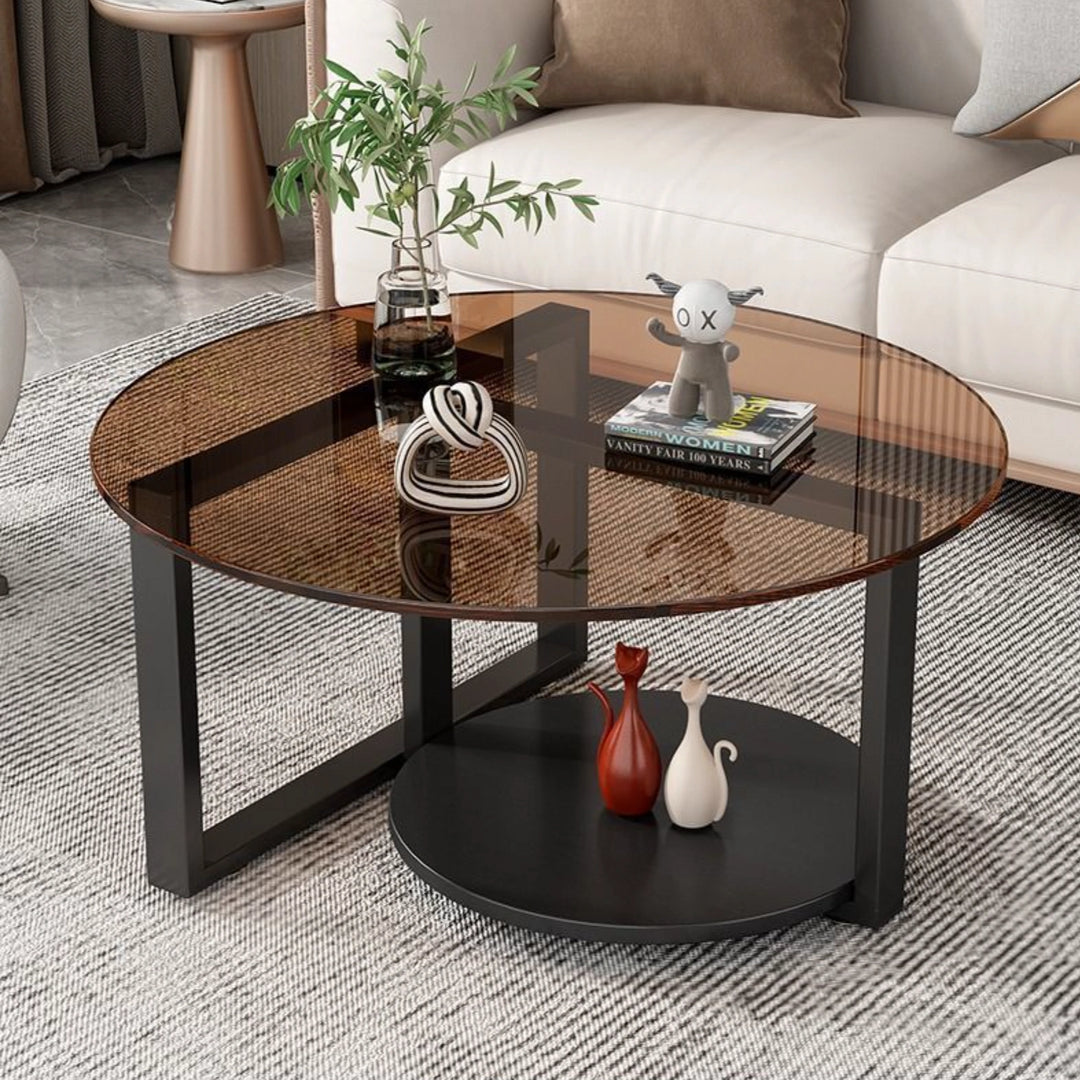 Chic Round Glass Coffee Table with Black Metal Base