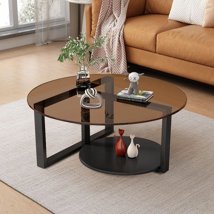 Chic Round Glass Coffee Table with Black Metal Base