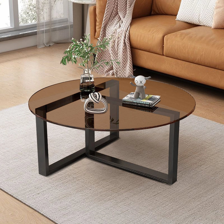 Chic Round Glass Coffee Table with Black Metal Base