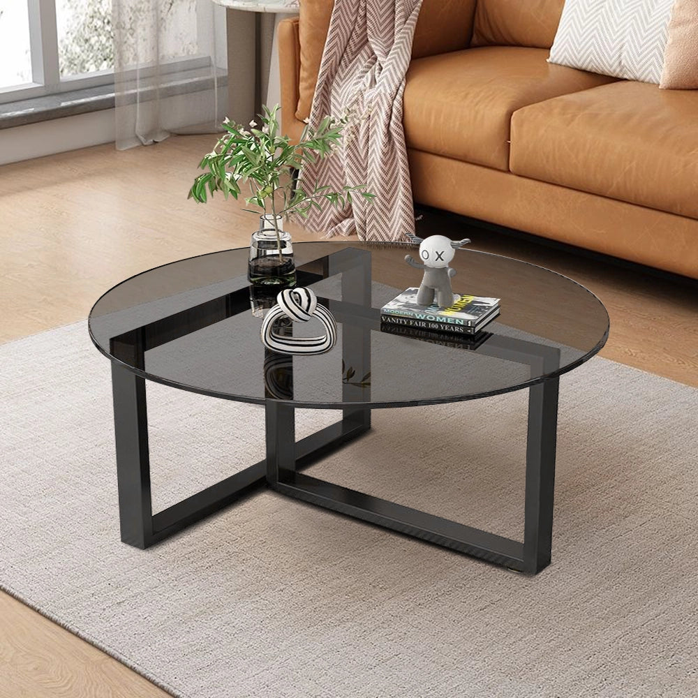 Chic Round Glass Coffee Table with Black Metal Base