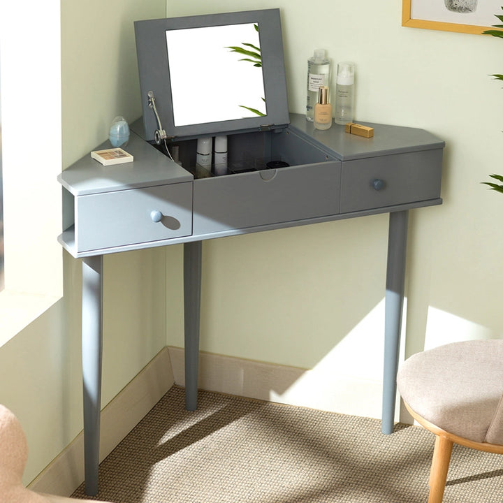 Corner Makeup Vanity Desk with Mirror and 3 Drawers for Small Spaces