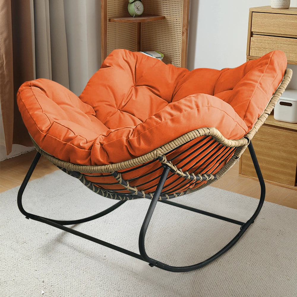 Cushioned Rocking Chair Armchair with Rattan and Metal Base