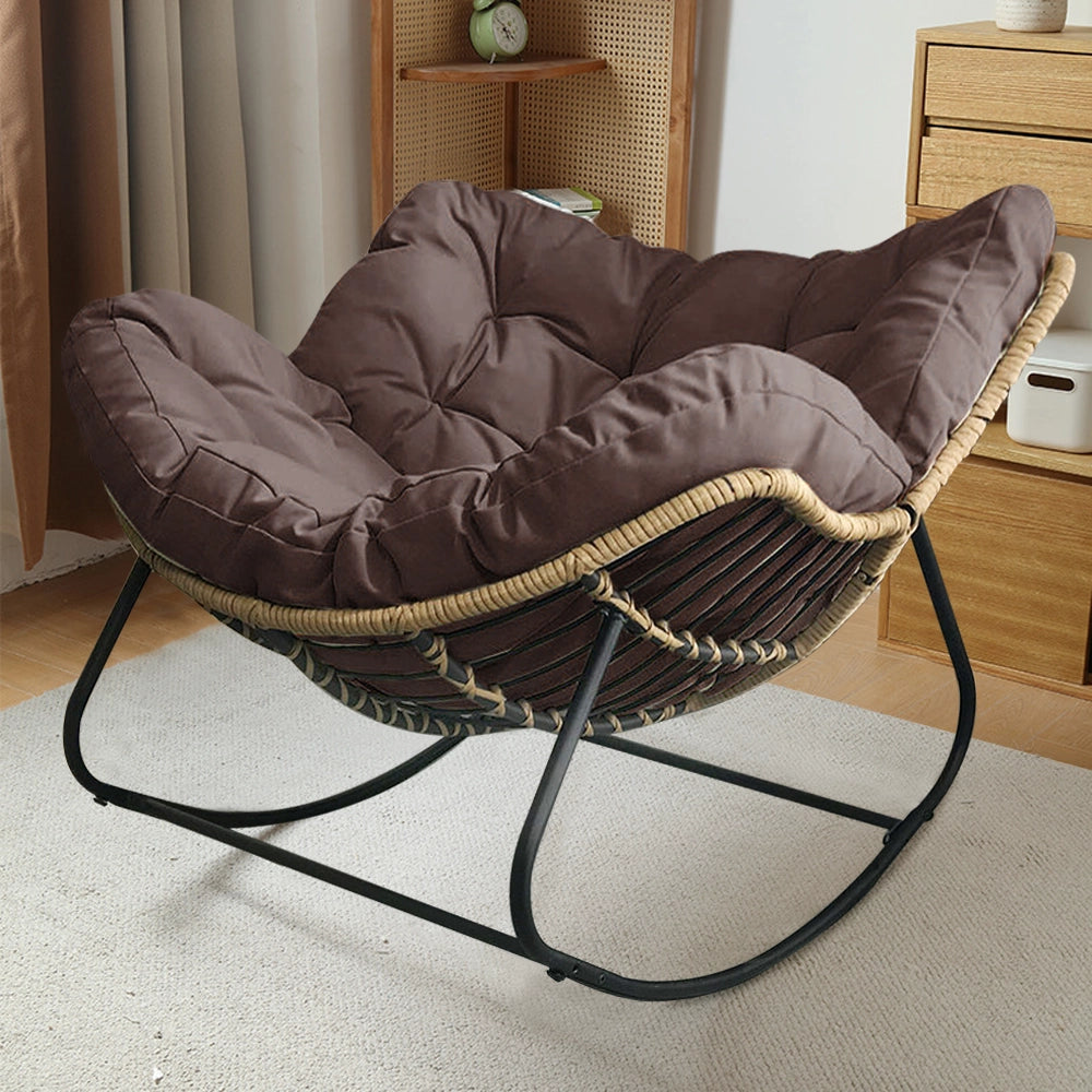 Cushioned Rocking Chair Armchair with Rattan and Metal Base