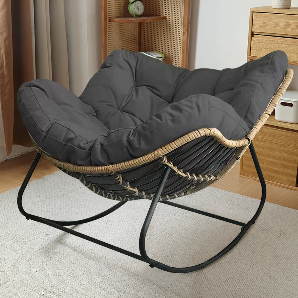 Cushioned Rocking Chair Armchair with Rattan and Metal Base