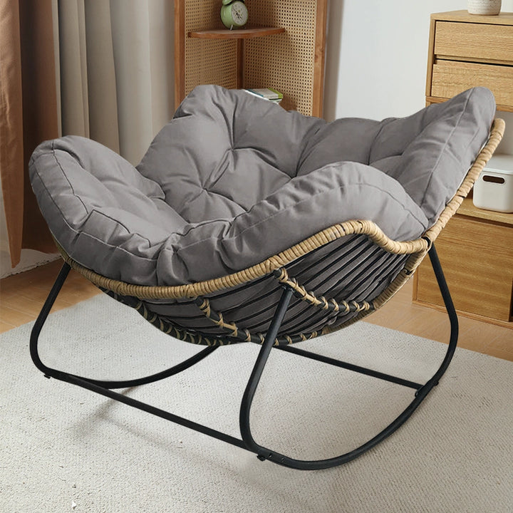 Cushioned Rocking Chair Armchair with Rattan and Metal Base