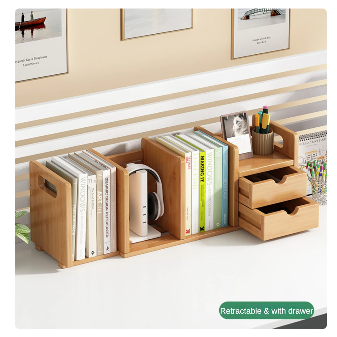 Desktop Retractable Organizer Shelf Bookshelf with Drawers