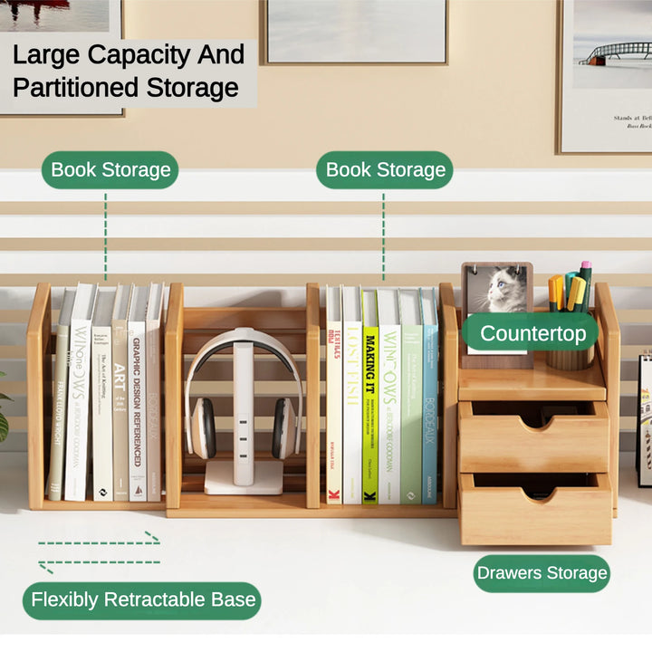 Desktop Retractable Organizer Shelf Bookshelf with Drawers