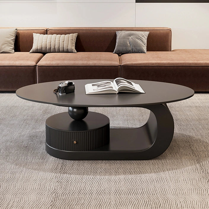 Modern Oval Slate Top Coffee Table with Metal Base and Drawer