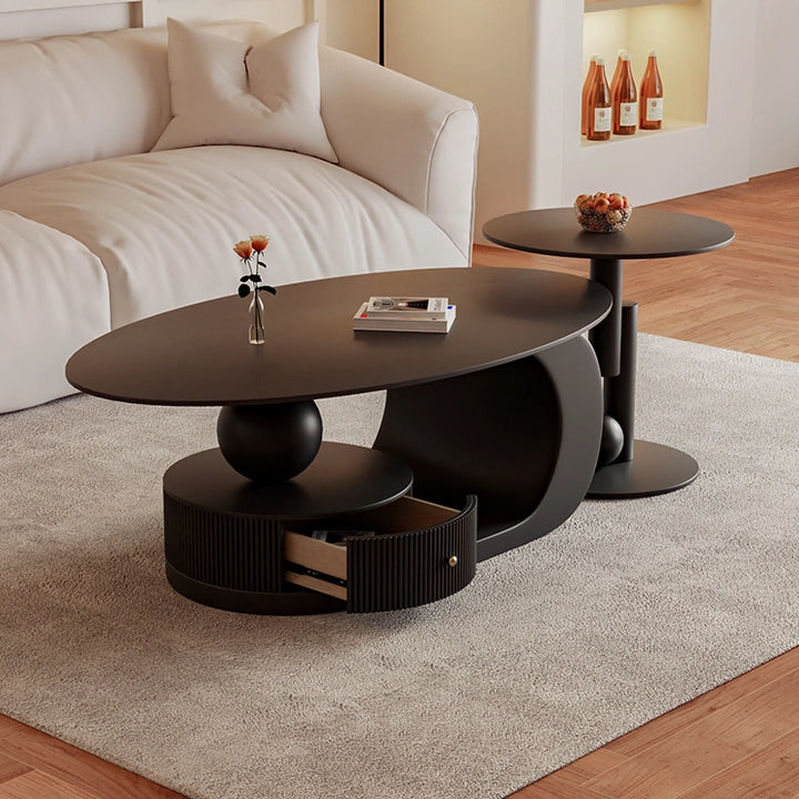 Modern Oval Slate Top Coffee Table with Metal Base and Drawer