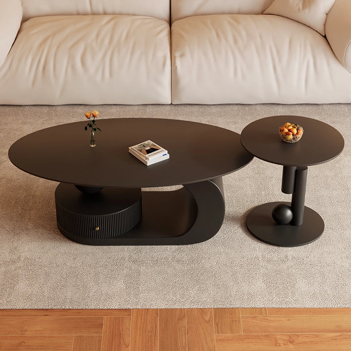 Modern Oval Slate Top Coffee Table with Metal Base and Drawer