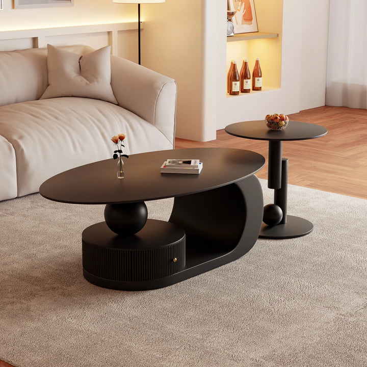 Modern Oval Slate Top Coffee Table with Metal Base and Drawer