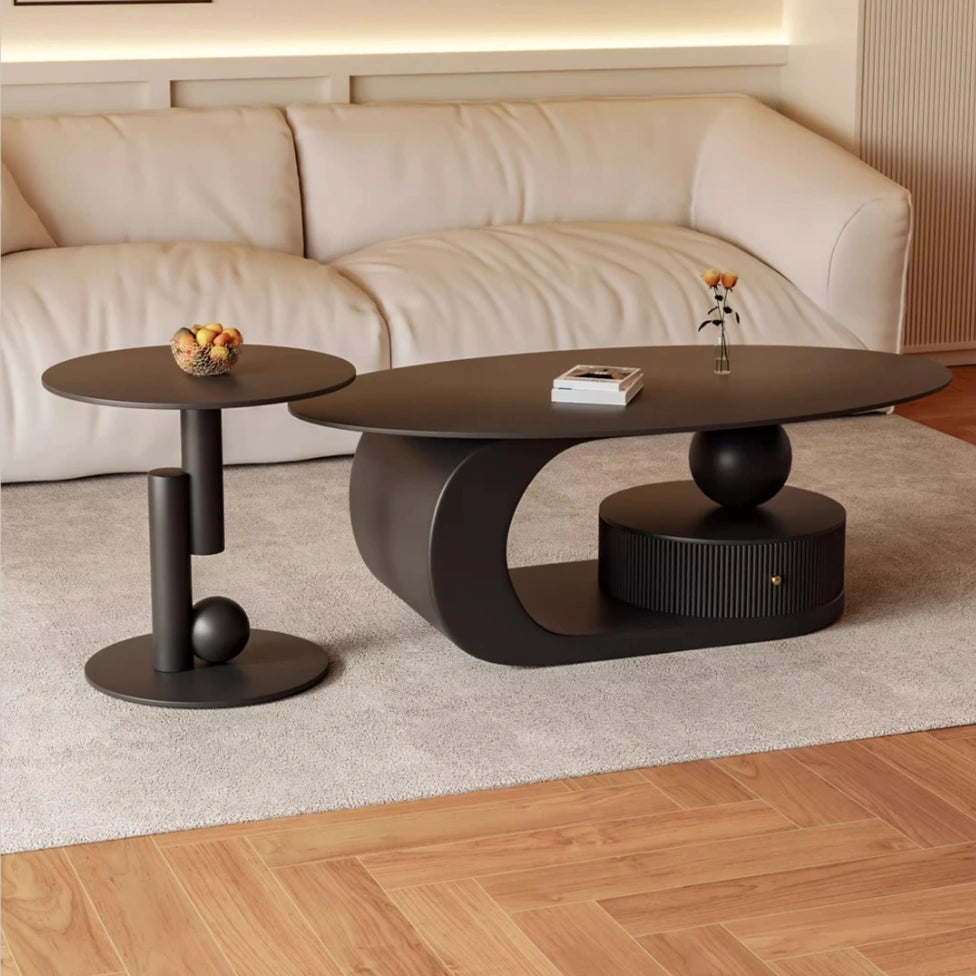 Modern Oval Slate Top Coffee Table with Metal Base and Drawer