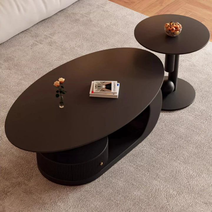 Modern Oval Slate Top Coffee Table with Metal Base and Drawer