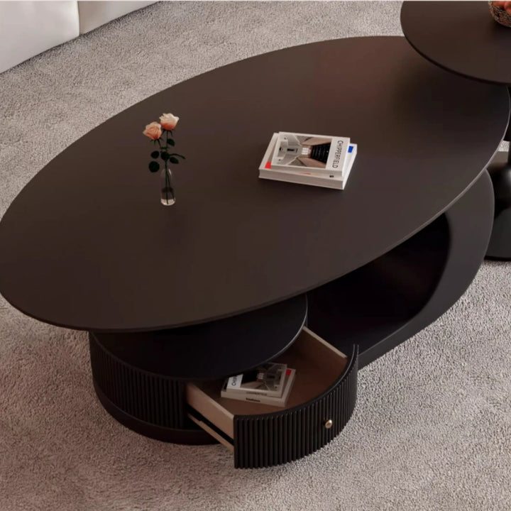 Modern Oval Slate Top Coffee Table with Metal Base and Drawer