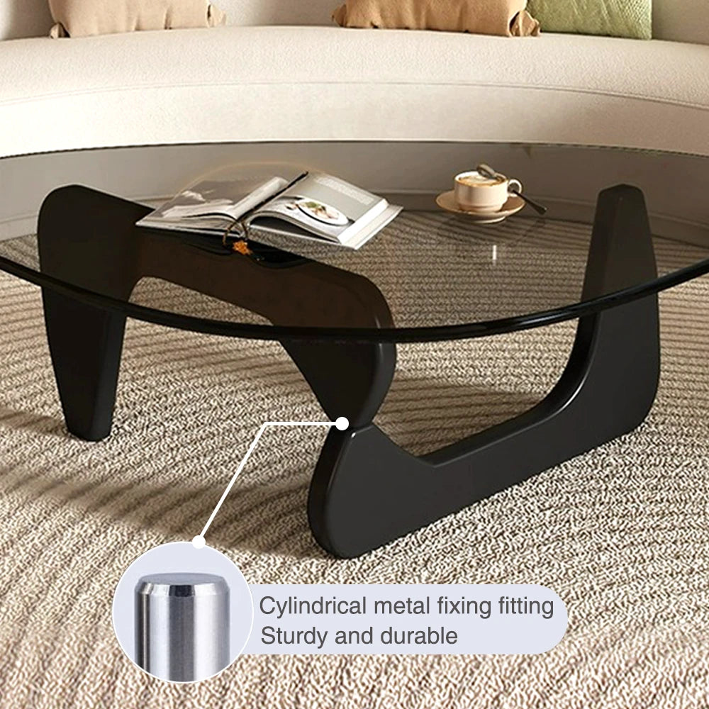 Modern Round Glass Coffee Table with Solid Wood Legs