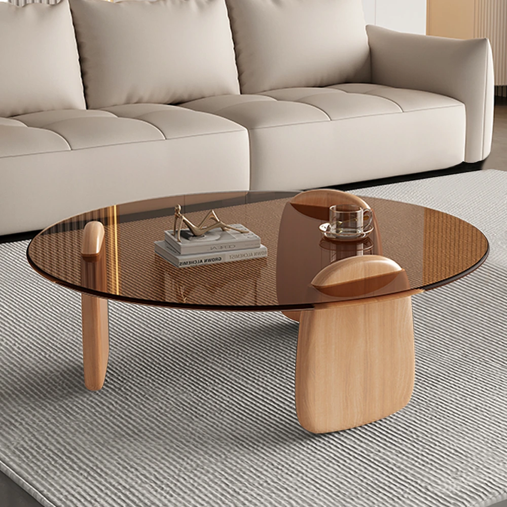 Modern Round Glass Coffee Table with Wooden Base