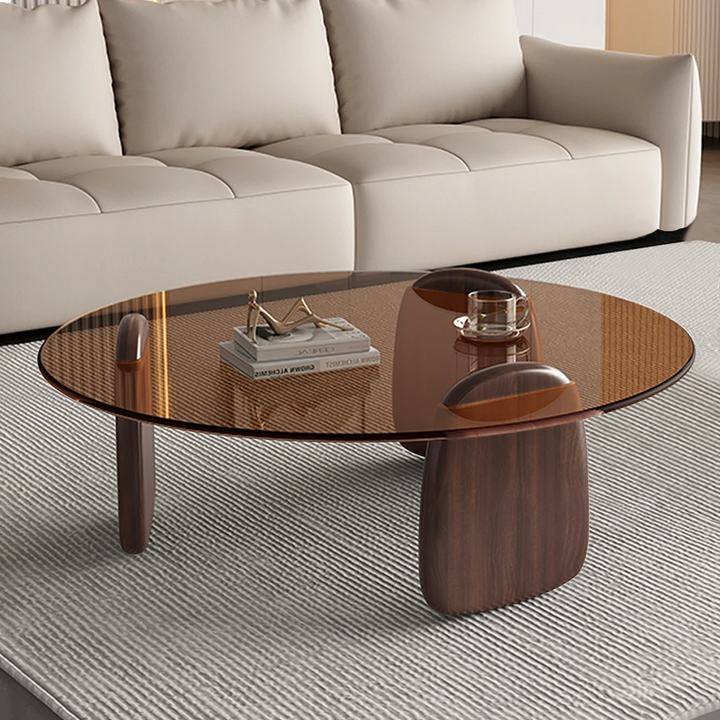 Modern Round Glass Coffee Table with Wooden Base