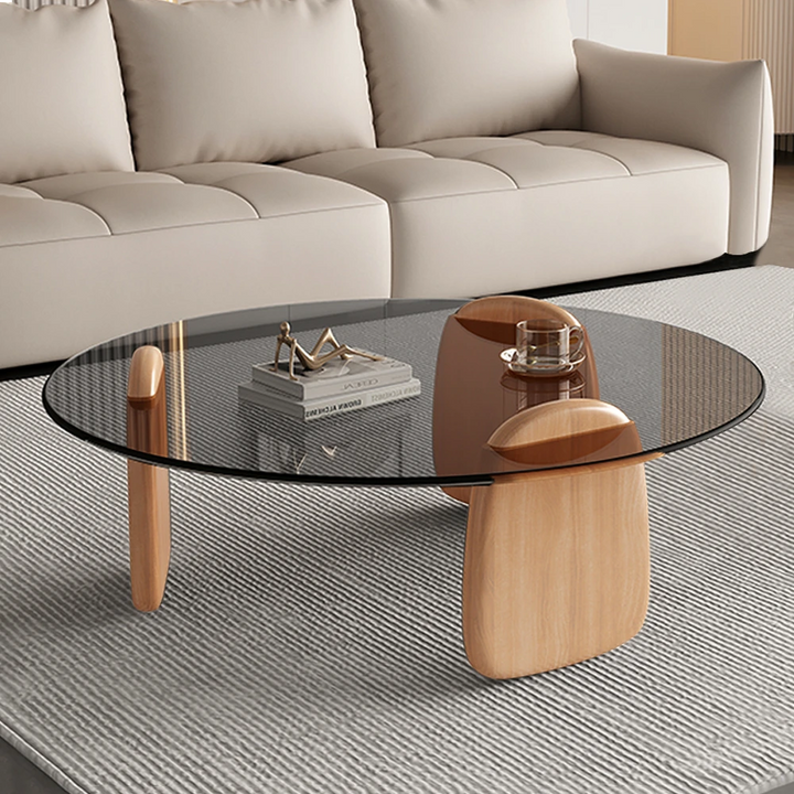 Modern Round Glass Coffee Table with Wooden Base