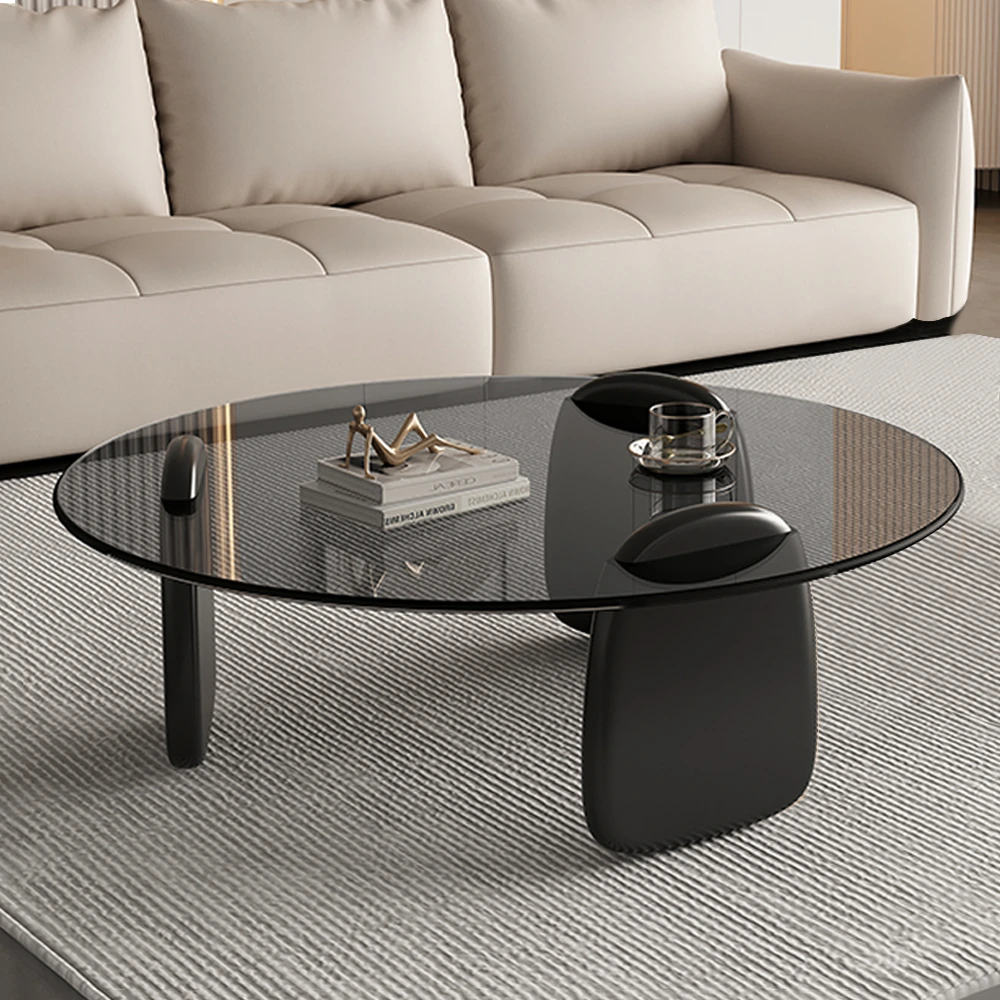 Modern Round Glass Coffee Table with Wooden Base