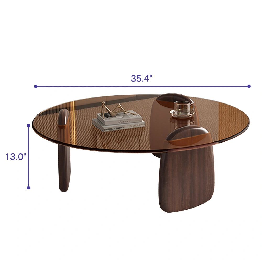 Modern Round Glass Coffee Table with Wooden Base