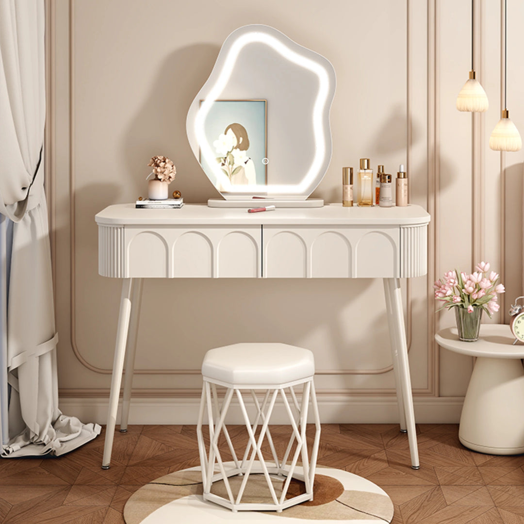 Modern White Makeup Vanity with Lighted Mirror and Drawers