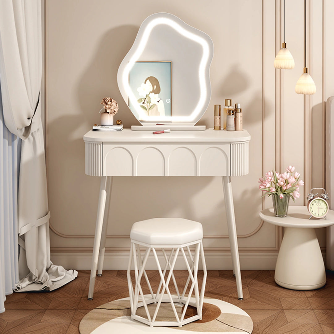 Modern White Makeup Vanity with Lighted Mirror and Drawers