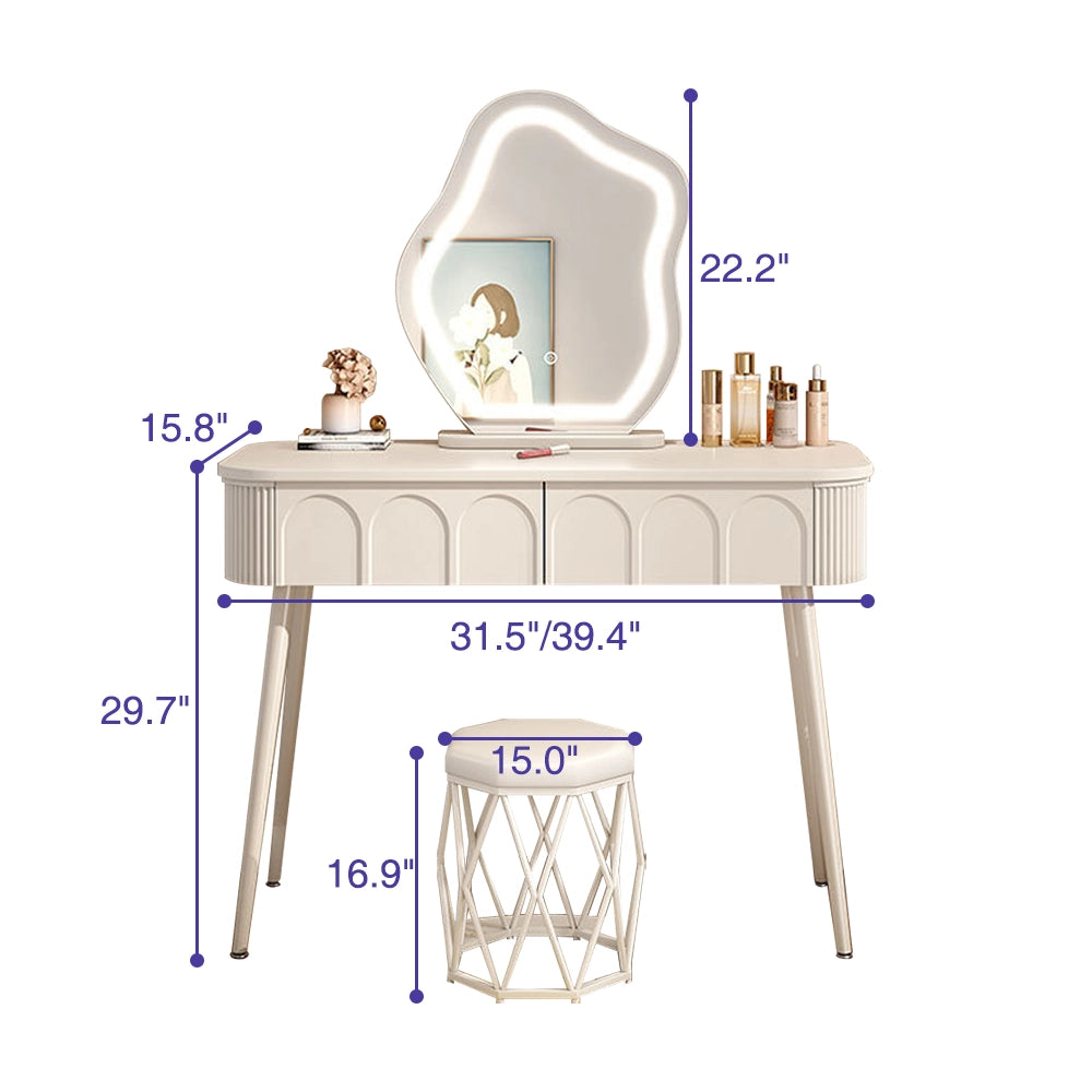 Modern White Makeup Vanity with Lighted Mirror and Drawers