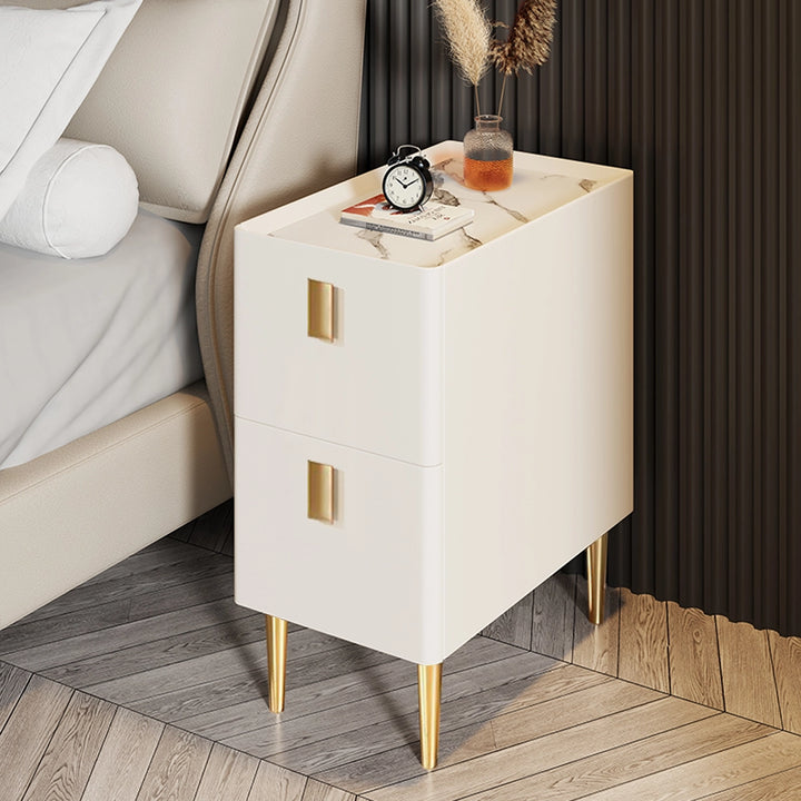 Modern Wood Nightstand with Drawers Faux Marble Bedside Cabinet