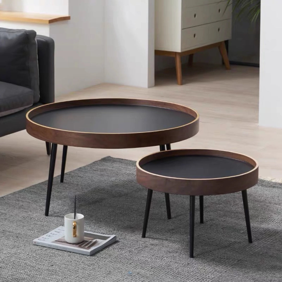 Modern Wooden Round Coffee Table Set with Metal Base