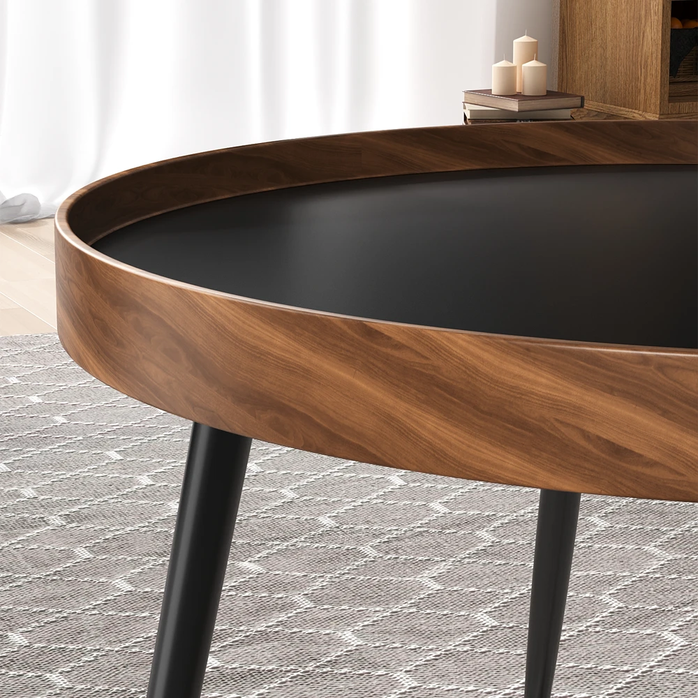 Modern Wooden Round Coffee Table Set with Metal Base