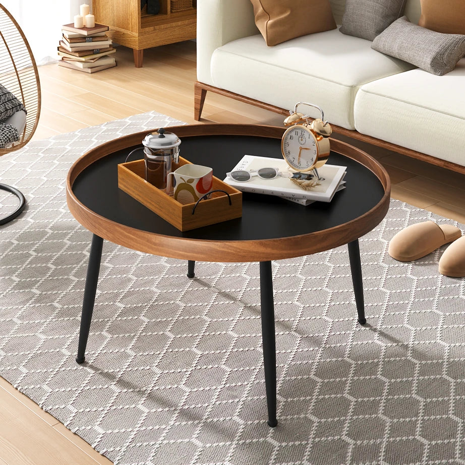 Modern Wooden Round Coffee Table Set with Metal Base