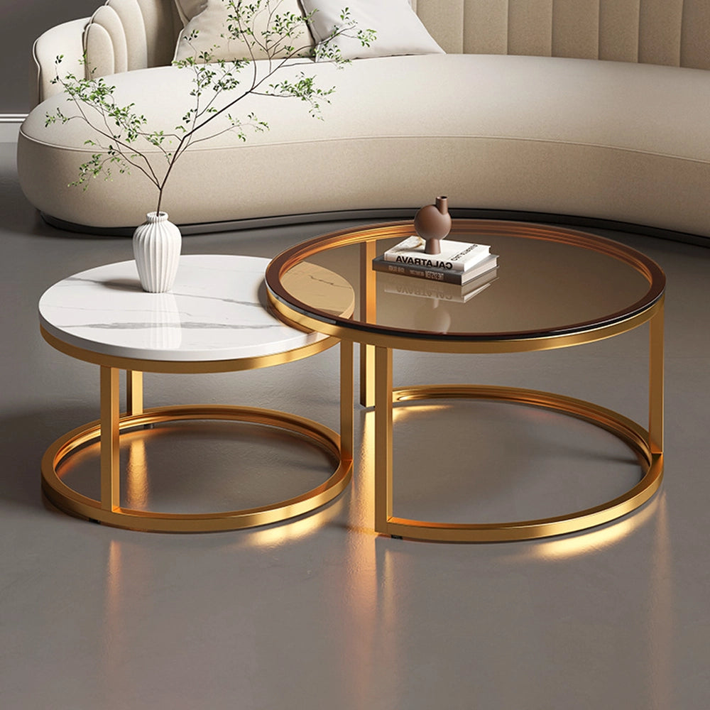 Nesting Round Faux Marble and Glass Coffee Table Set