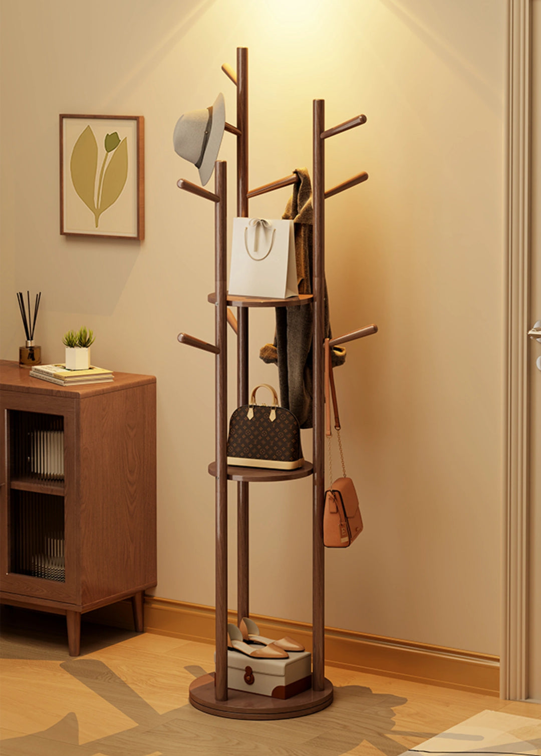 Rotatable Solid Wood Clothing Storage Rack Vertical Coat Rack