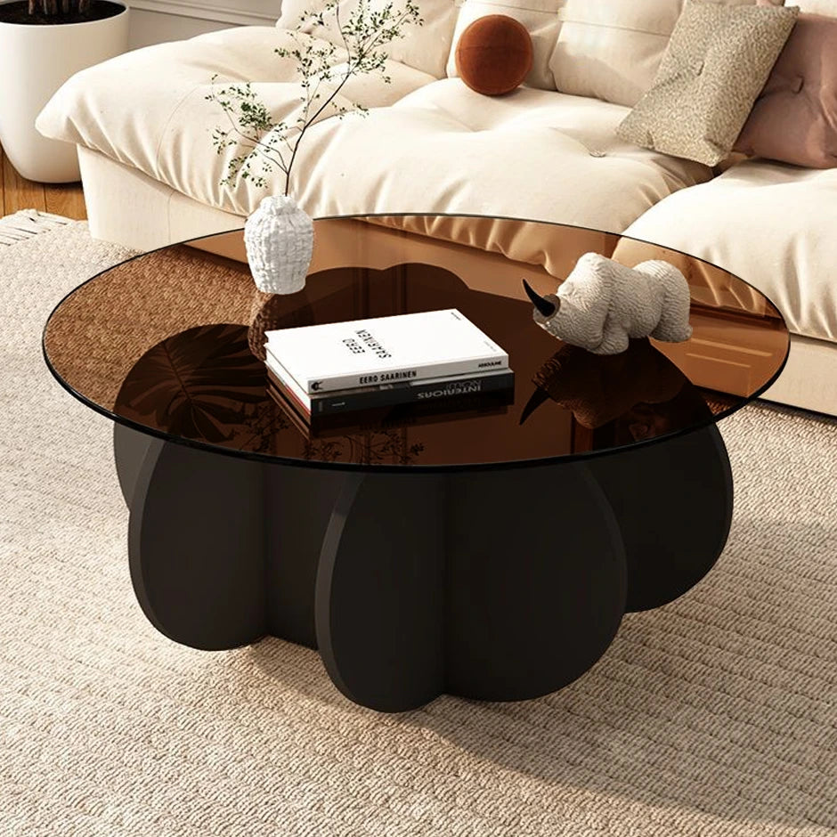 Round Glass Coffee Table with Wood Base for Living Room