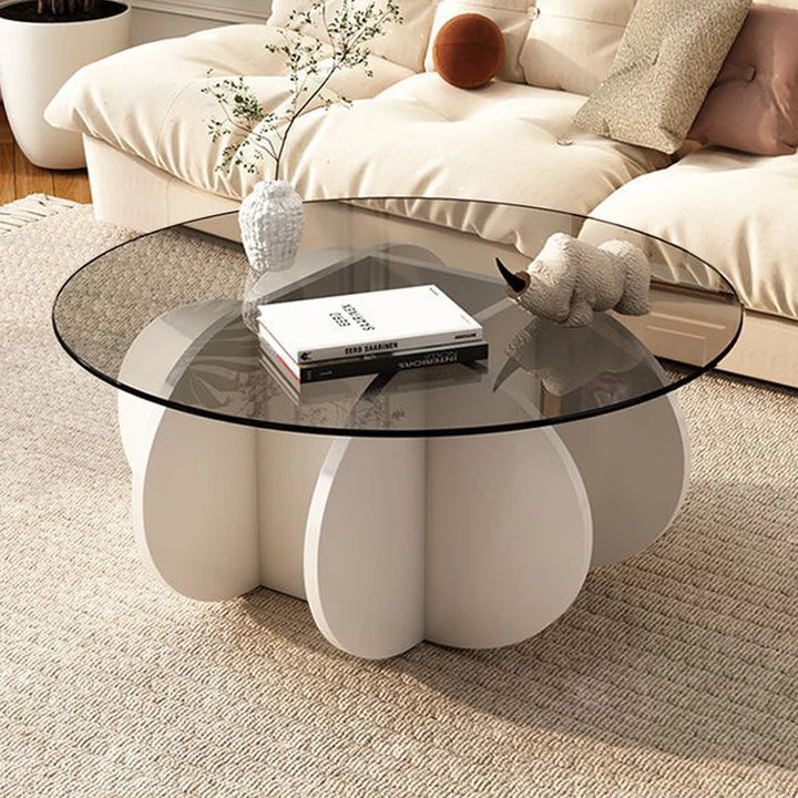 Round Glass Coffee Table with Wood Base for Living Room