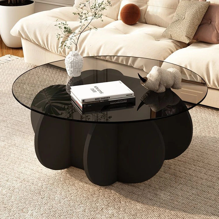 Round Glass Coffee Table with Wood Base for Living Room