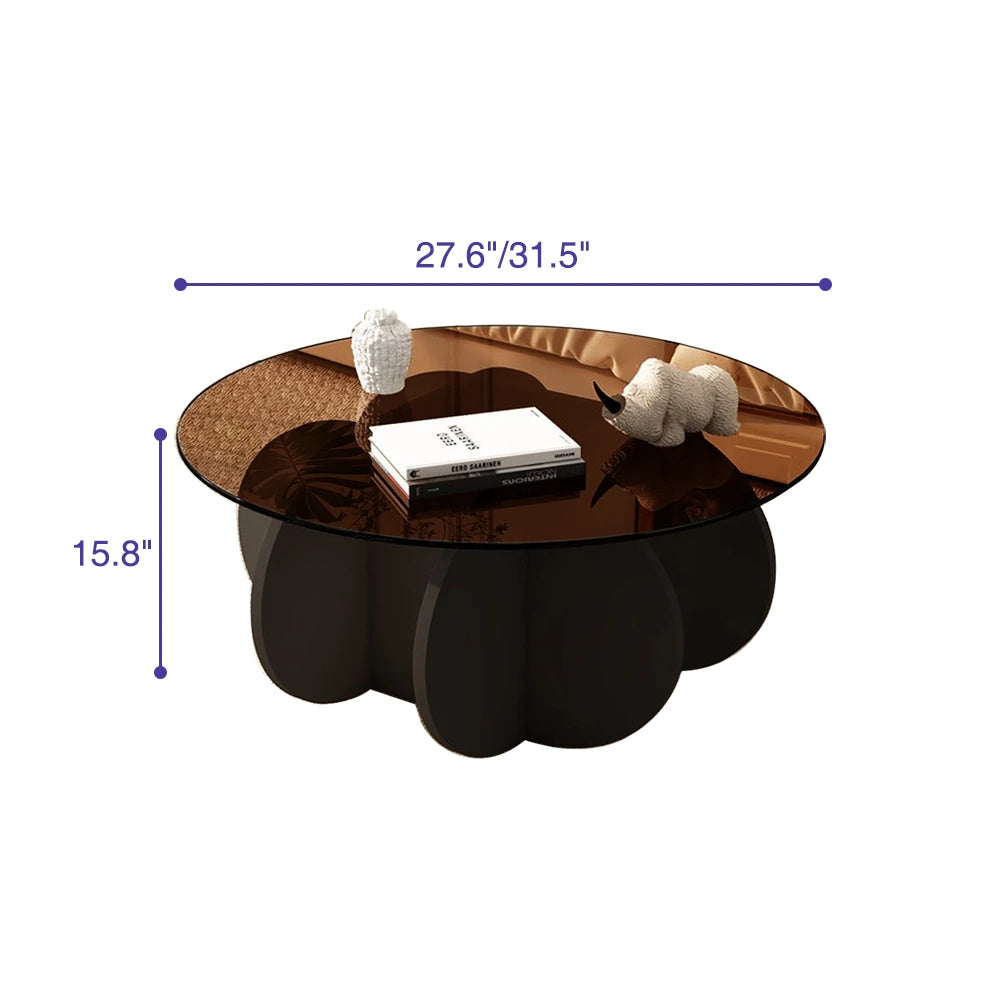 Round Glass Coffee Table with Wood Base for Living Room