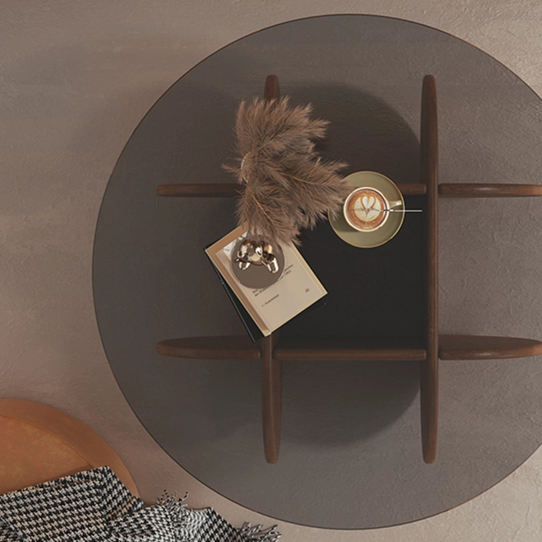 Round Glass Coffee Table with Wood Base for Living Room