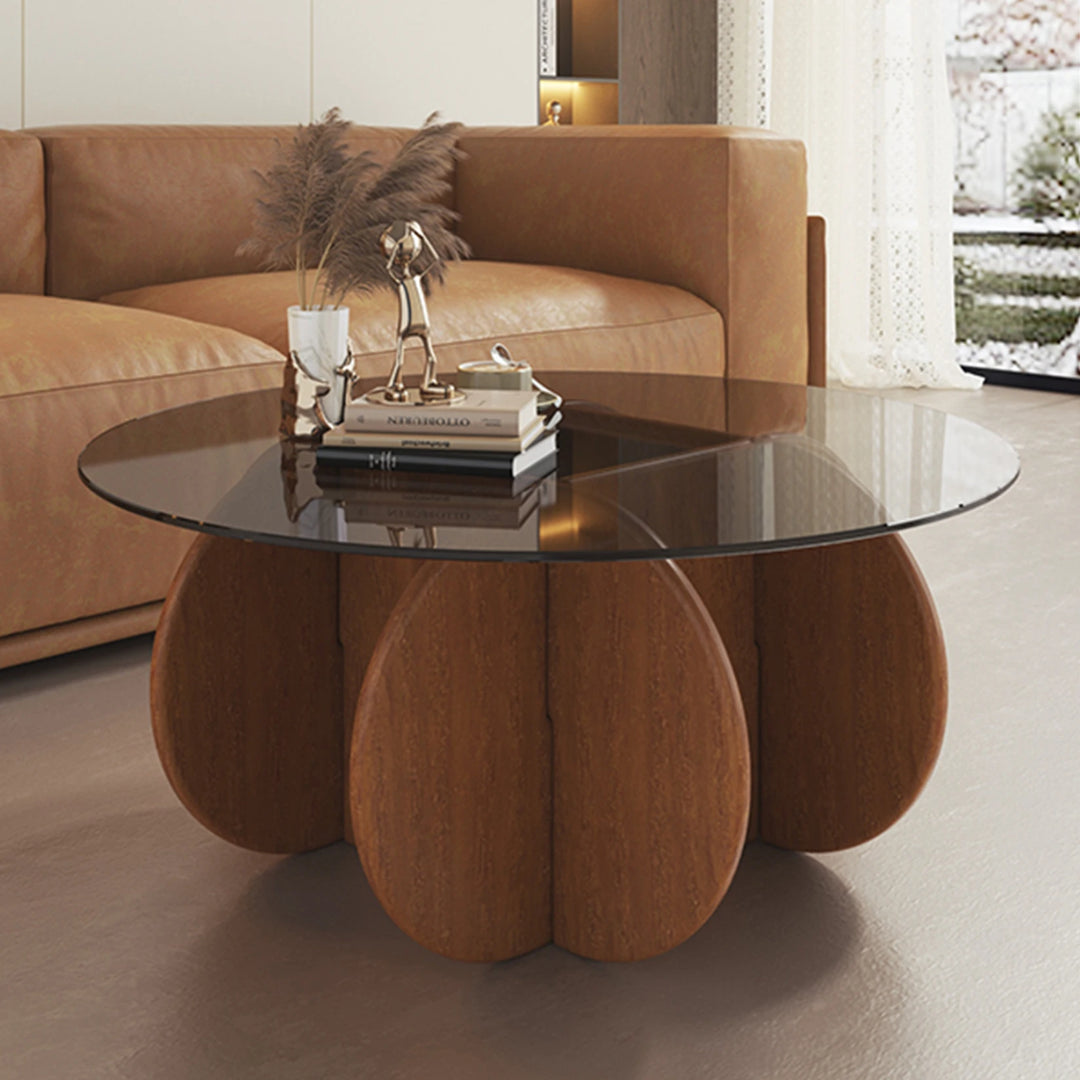 Round Glass Coffee Table with Wood Base for Living Room