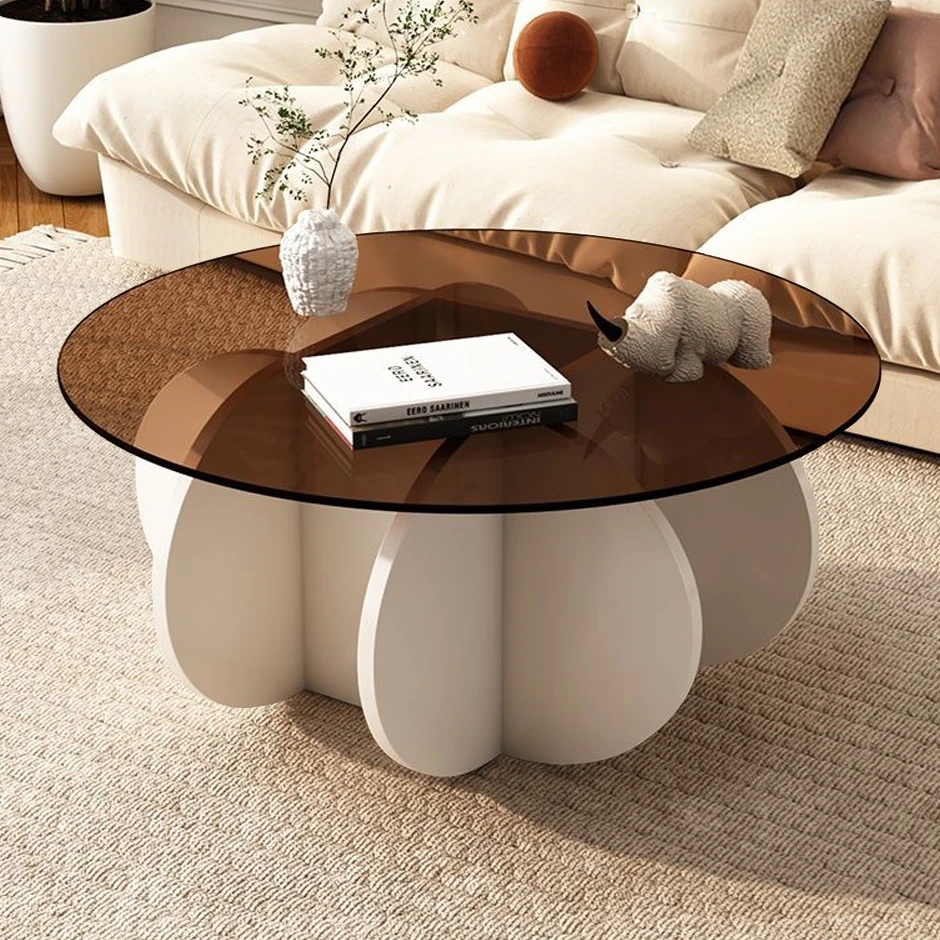 Round Glass Coffee Table with Wood Base for Living Room