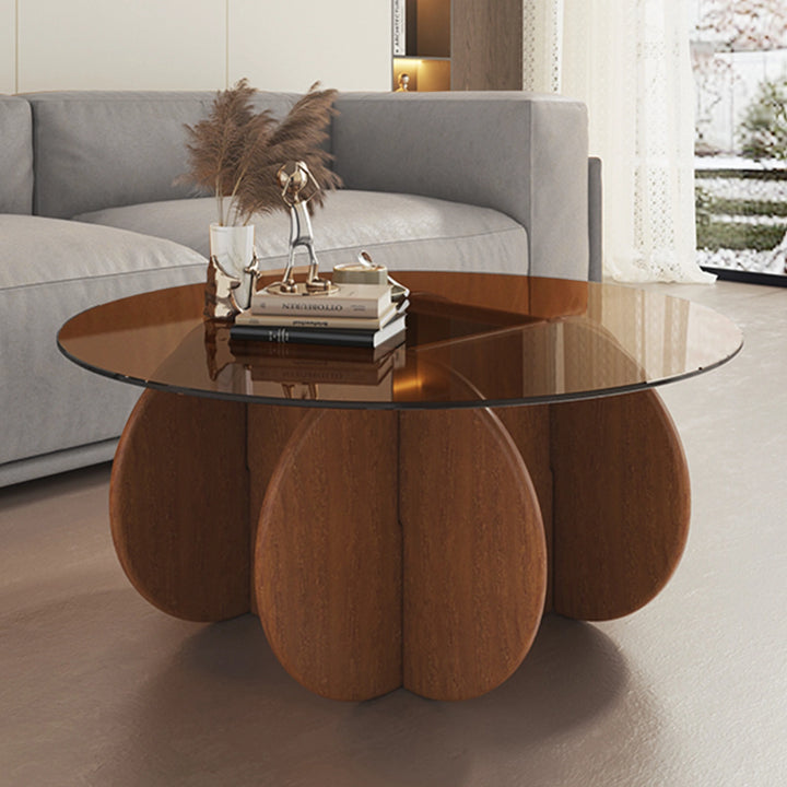 Round Glass Coffee Table with Wood Base for Living Room