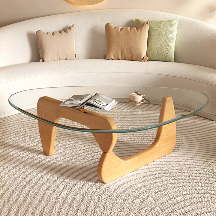 Round Clear Glass Coffee Table with Solid Wood Base