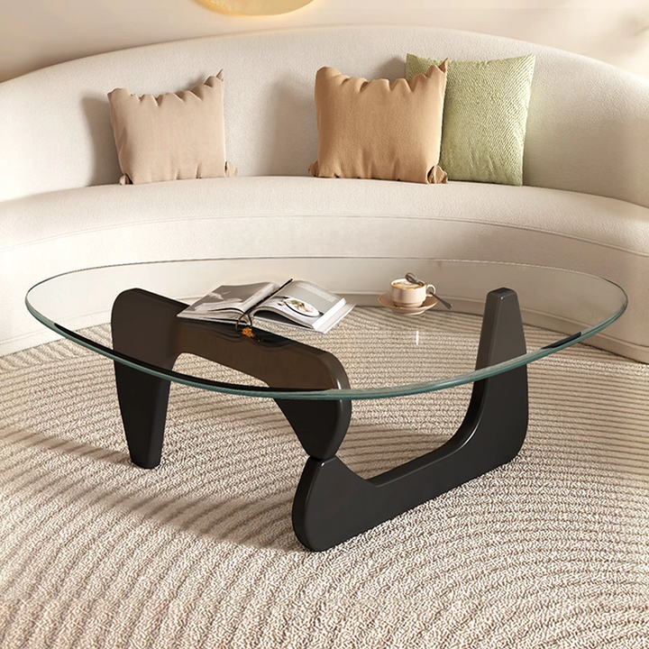 Round Clear Glass Coffee Table with Solid Wood Base