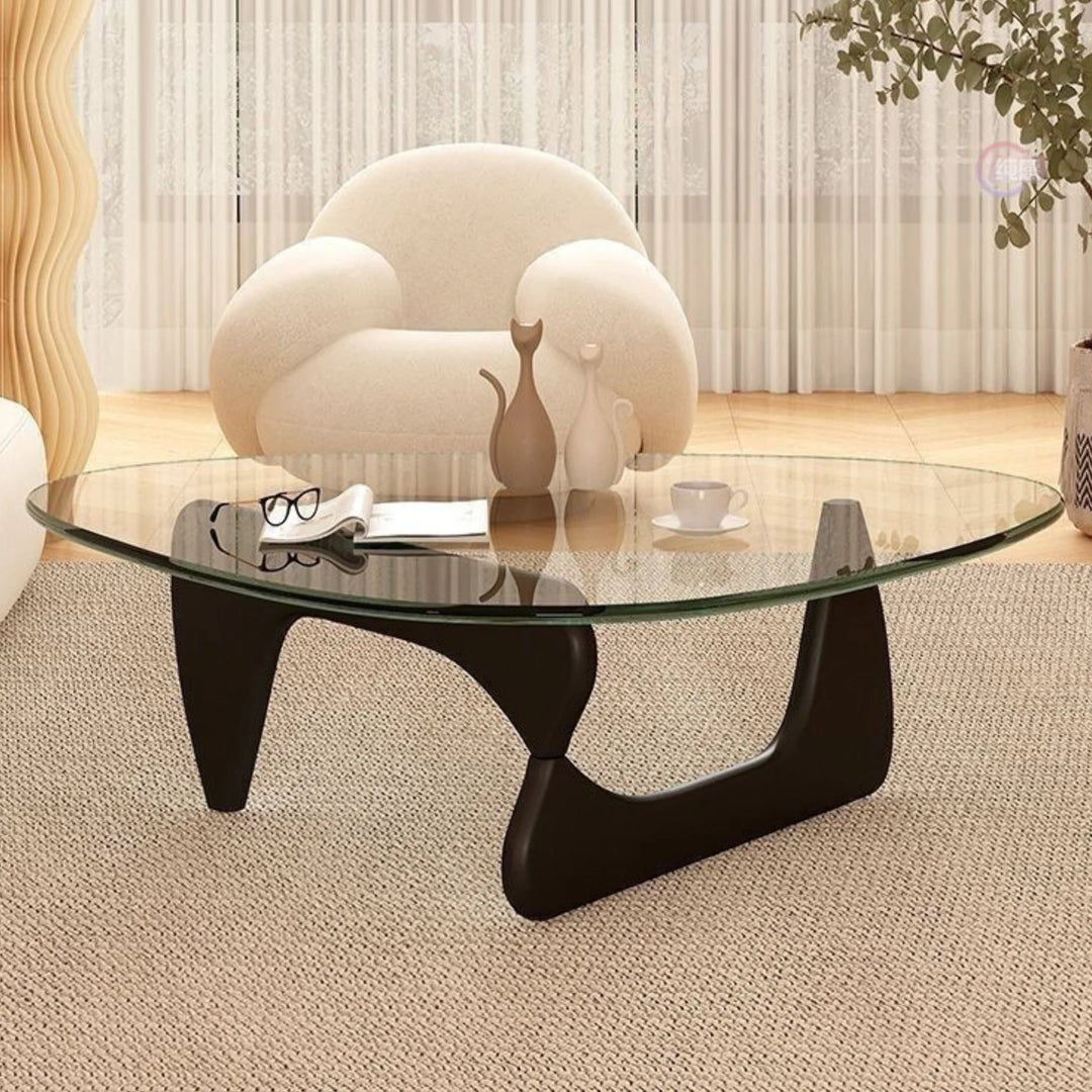 Round Clear Glass Coffee Table with Solid Wood Base