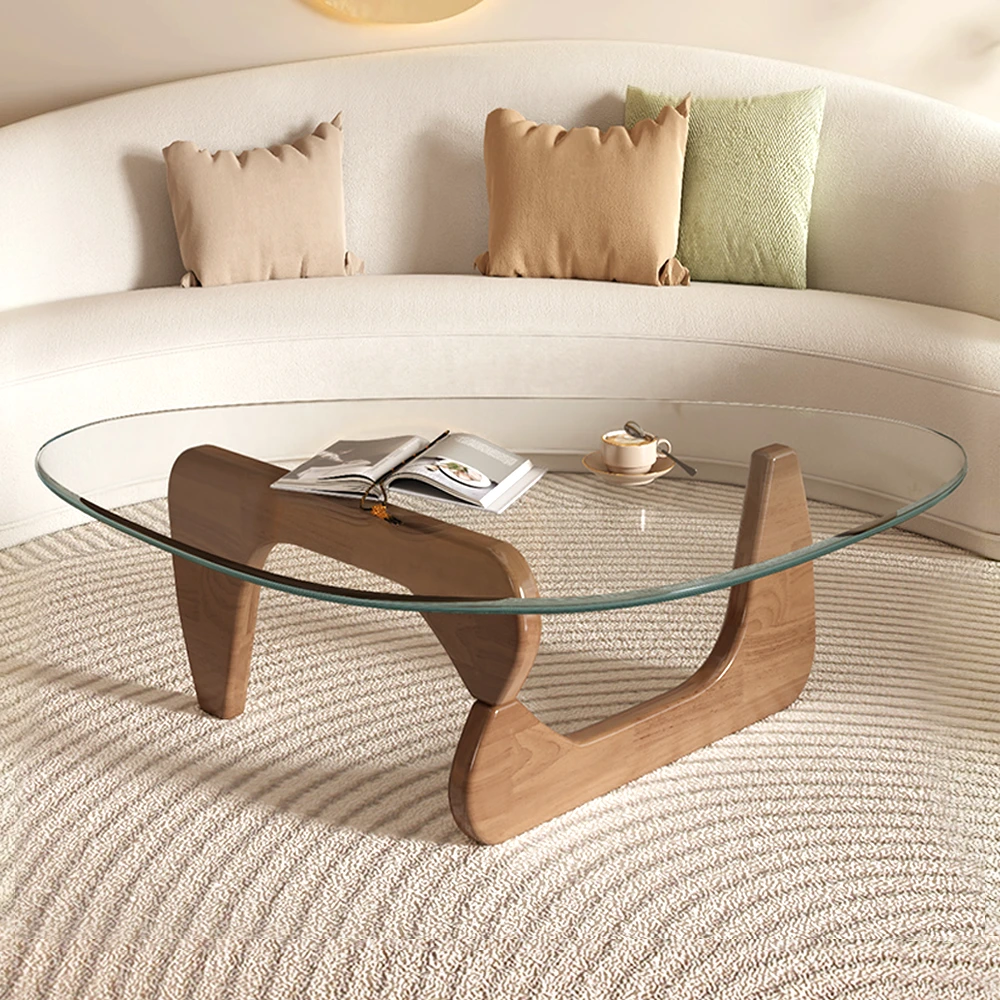 Round Clear Glass Coffee Table with Solid Wood Base