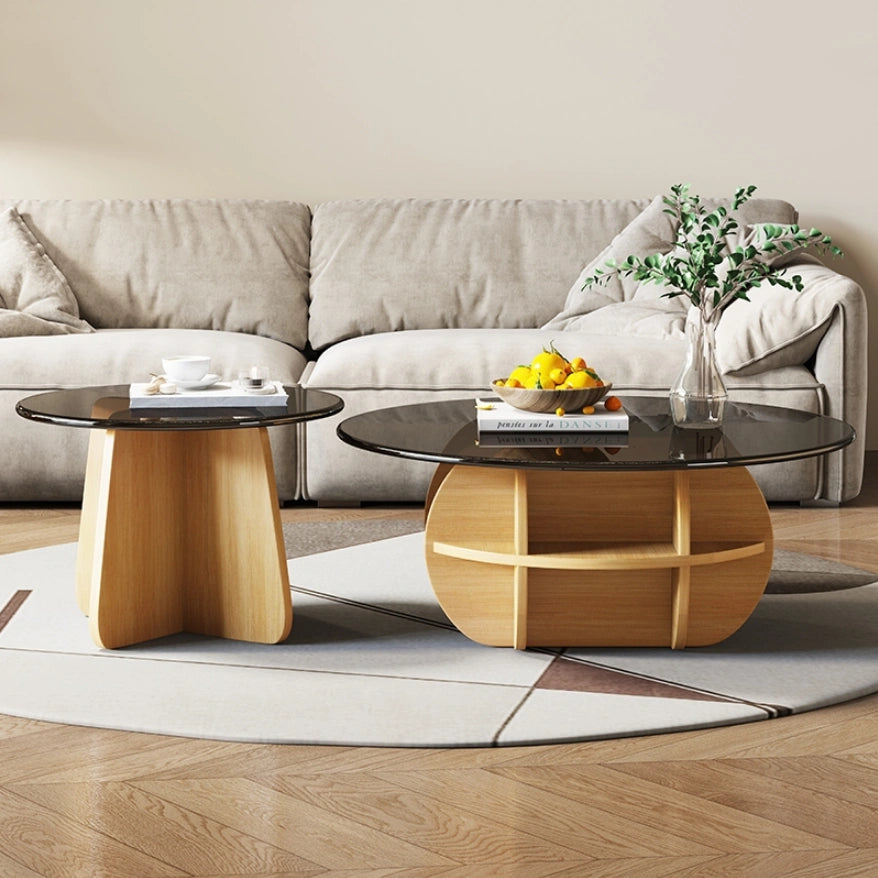 Set of 2 Round Glass Coffee Tables with Wooden Base